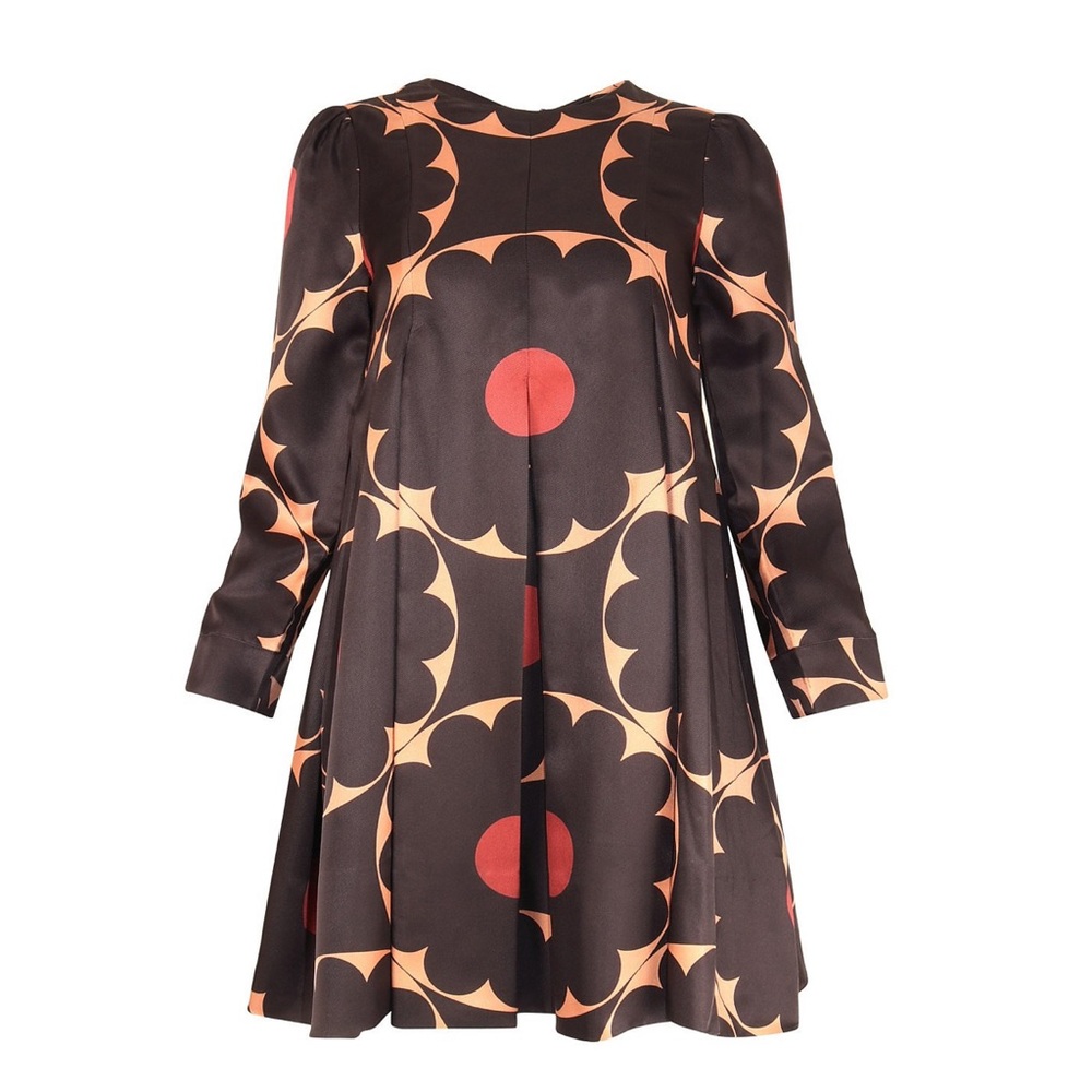 Retro, floral print long sleeved mid length 100% silk lined with rayon dress.